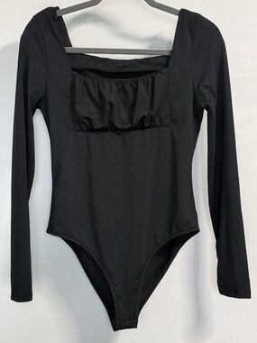 SHEIN Black Ruched Bust Bodysuit Square Neck Stretch L